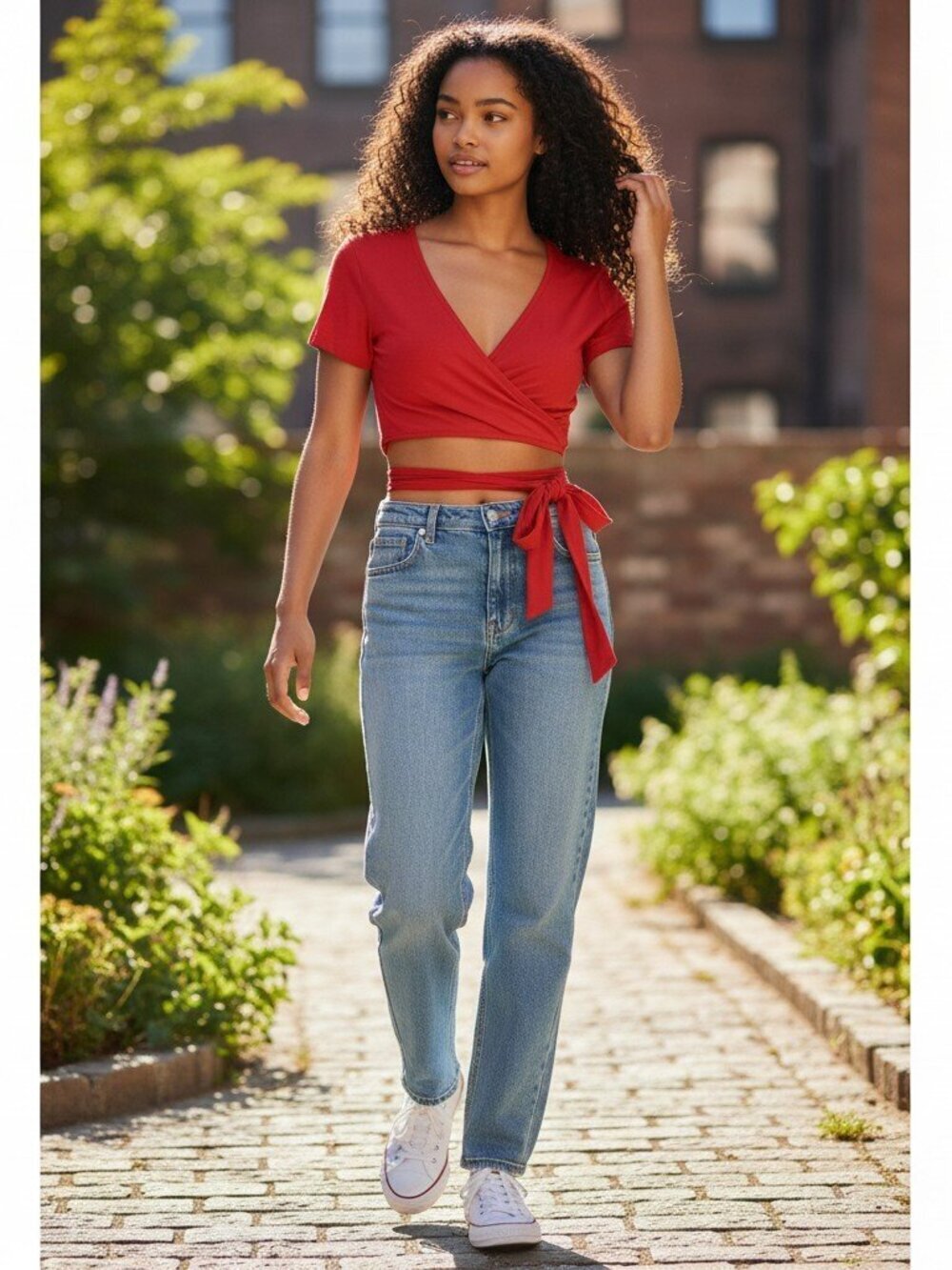 New Shein Icon Women Medium Red Tie Twist Front Crisscross Crop Top Shirt Size M